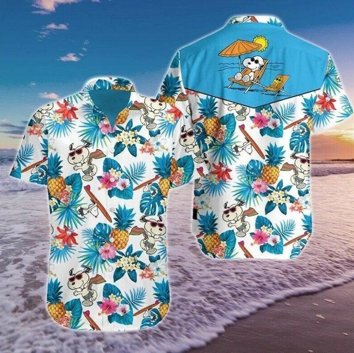 Snoopy Tropical Pattern Graphic Print Short Sleeve Hawaiian Shirt 79