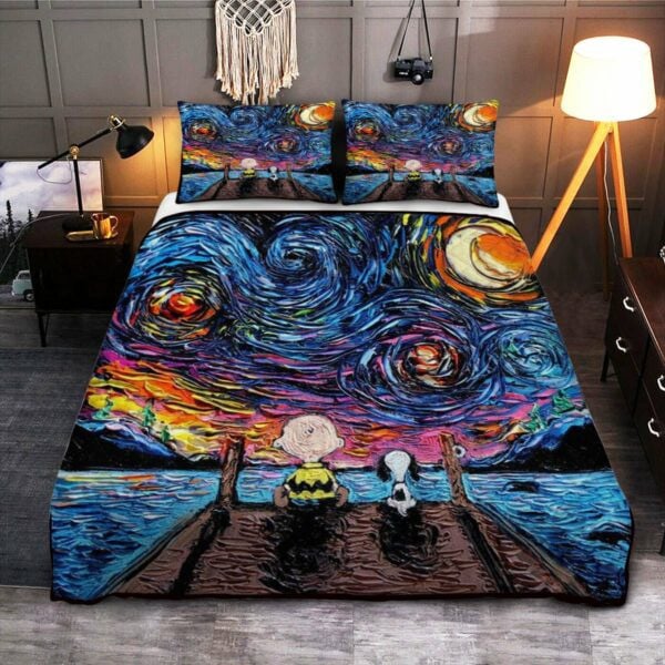 For Snoopy Charlie Brown Starry Night Lover Fan Gift,snoopy Fan Gift, Snoopy Duvet Quilt Bedding Set 479