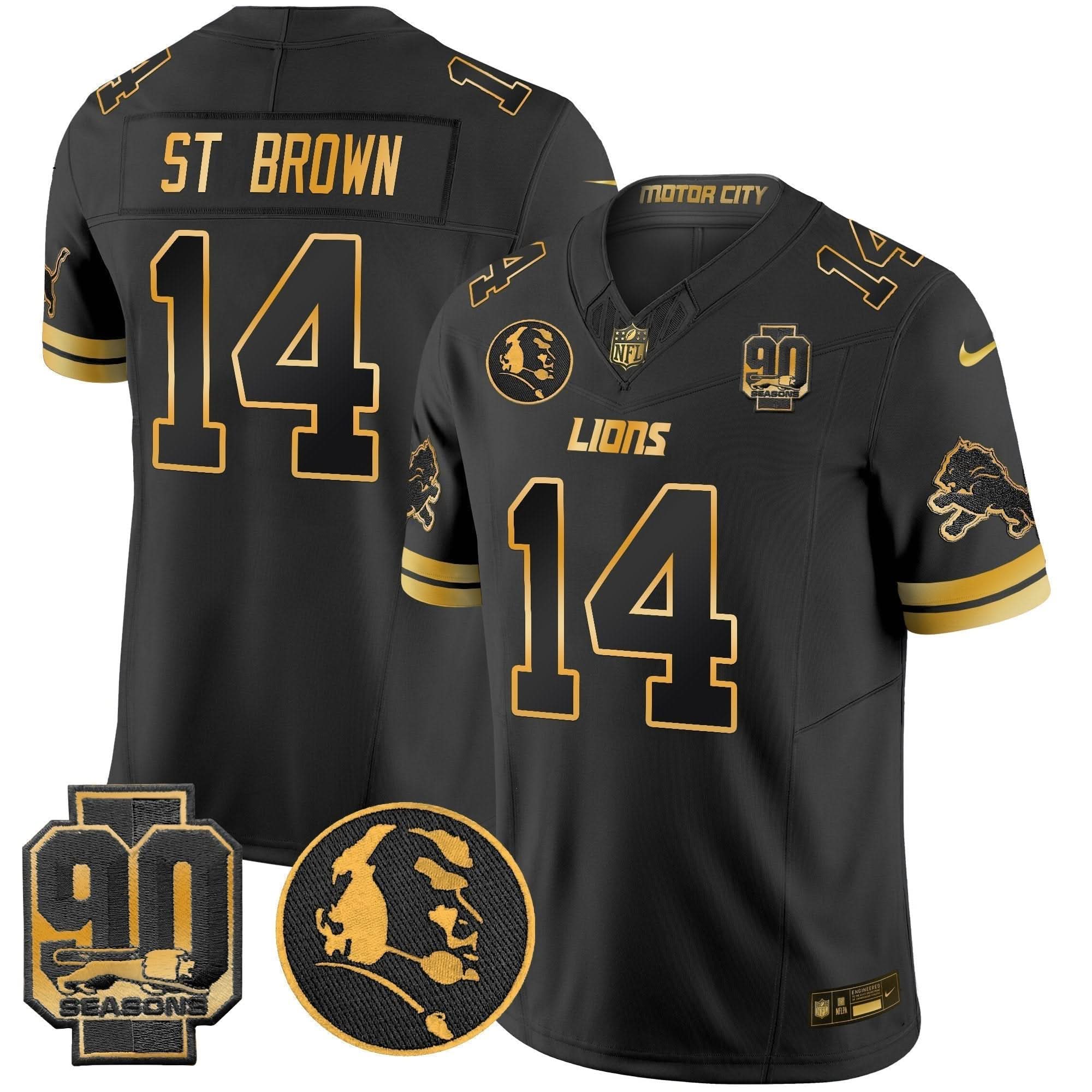 Detroit Lions 2024 90th & John Madden Patch Gold Vapor Limited Jersey V2 - All Stitched