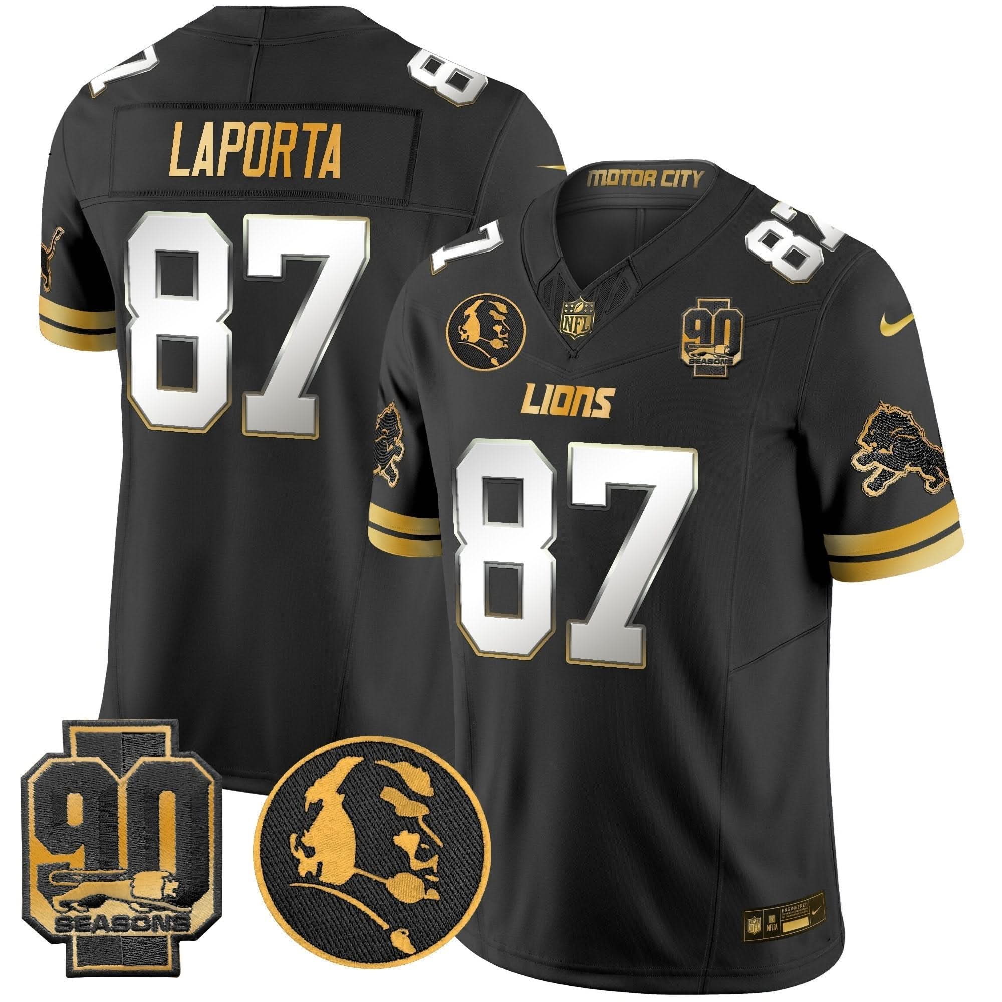 Detroit Lions 2024 90th & John Madden Patch Gold Vapor Limited Jersey V2 - All Stitched